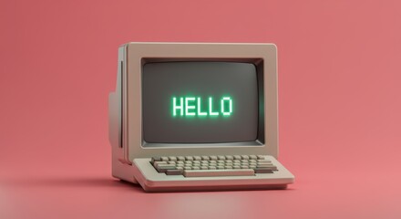 Vintage computer displays greeting on retro pink background, showcasing nostalgic technology and design
