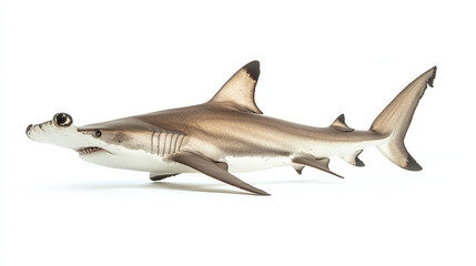 Fototapeta premium Hammerhead shark swimming, isolated on white background, realistic depiction of a predatory marine animal, ocean wildlife and underwater predator concept.