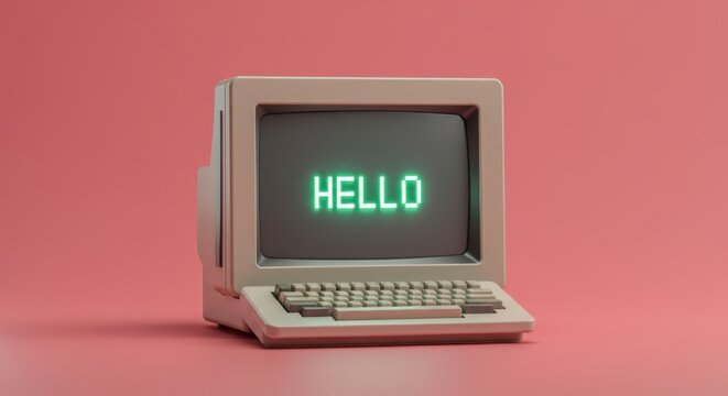 Naklejki Vintage computer displays greeting on retro pink background, showcasing nostalgic technology and design