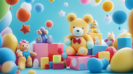 Obraz premium Colorful collection of plush toys and soft blocks in a playful setting with balloons and vibrant decorations