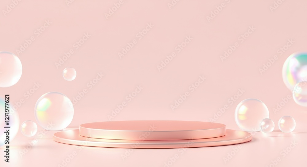 Poster minimalist display with pastel backdrop and floating bubbles creates a serene atmosphere for product