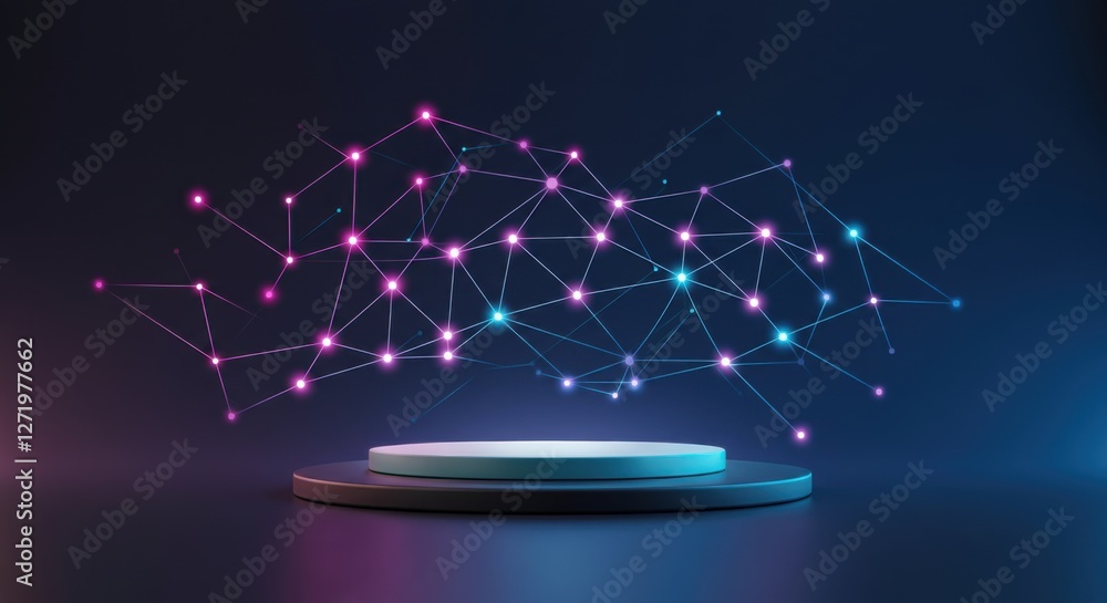 Aufkleber dynamic abstract network representation with glowing nodes and futuristic pedestal