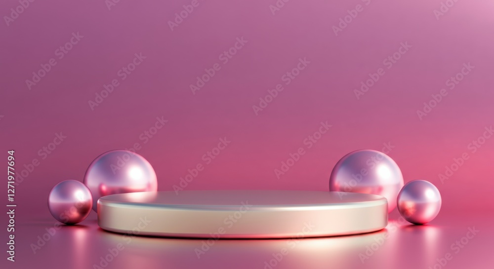 Poster display stage with pink background and shiny spheres in a minimalistic arrangement