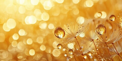 Delicate dandelion seeds glisten with water droplets under warm golden sunlight in a tranquil setting
