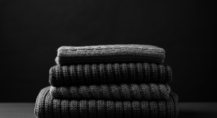Cozy knitted sweaters stacked neatly against a dark background