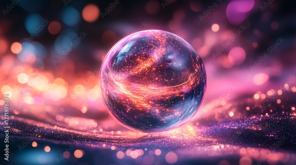 Poster spherical cosmic orb floating above sparkling iridescent surface