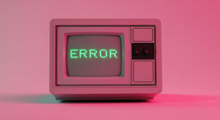 Retro computer monitor displaying error message in bright green letters against a pink background