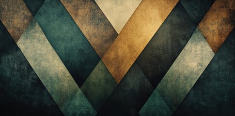 Geometric shapes are layered in varying colors and textures