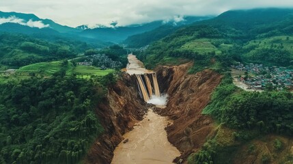 Mountainous landslide creates muddy waterfall.