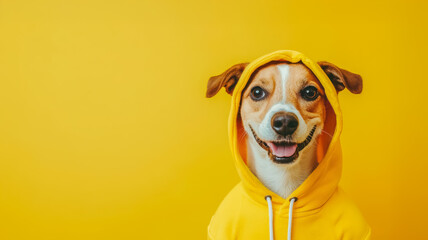 A cheerful dog in a bright yellow hoodie poses against a vibrant yellow background, radiating joy and playfulness.