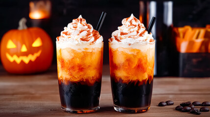 Two festive Halloween-themed drinks topped with whipped cream, caramel drizzle, and served with black straws against a spooky backdrop.