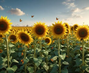 Fototapeta premium Colorful field of sunflowers with a few butterflies flying around the tall stems, nature, sunflowers