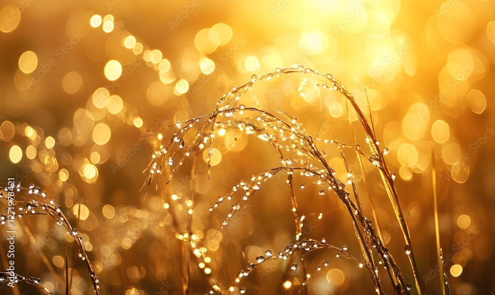 Poster golden dew drops on grass at sunset creating a magical bokeh effect