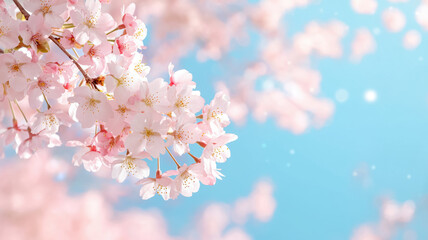 A soft-focus image of delicate pink cherry blossoms against a serene blue background, evoking feelings of spring and tranquility.