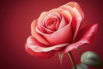 Single beautiful rose blossom with stem against a reddish backdrop