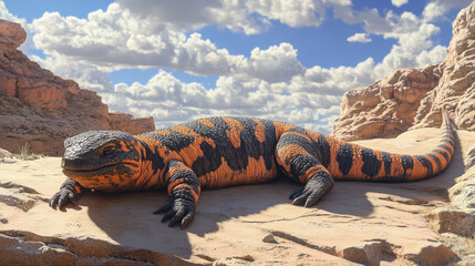 gila monster sunbathing on rocky desert surface under blue sky