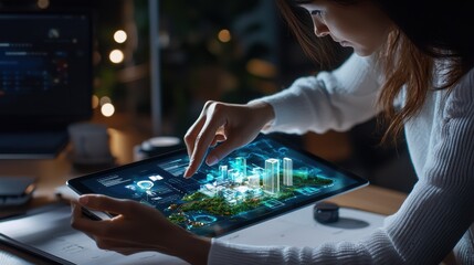 A woman is looking at a tablet with a map on it