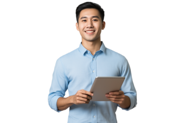 Close-up portrait of a smiling man holding a tablet