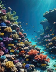 Fototapeta premium Coral reef teeming with marine life and colorful fish, coral reef, turquoise water, ocean creatures