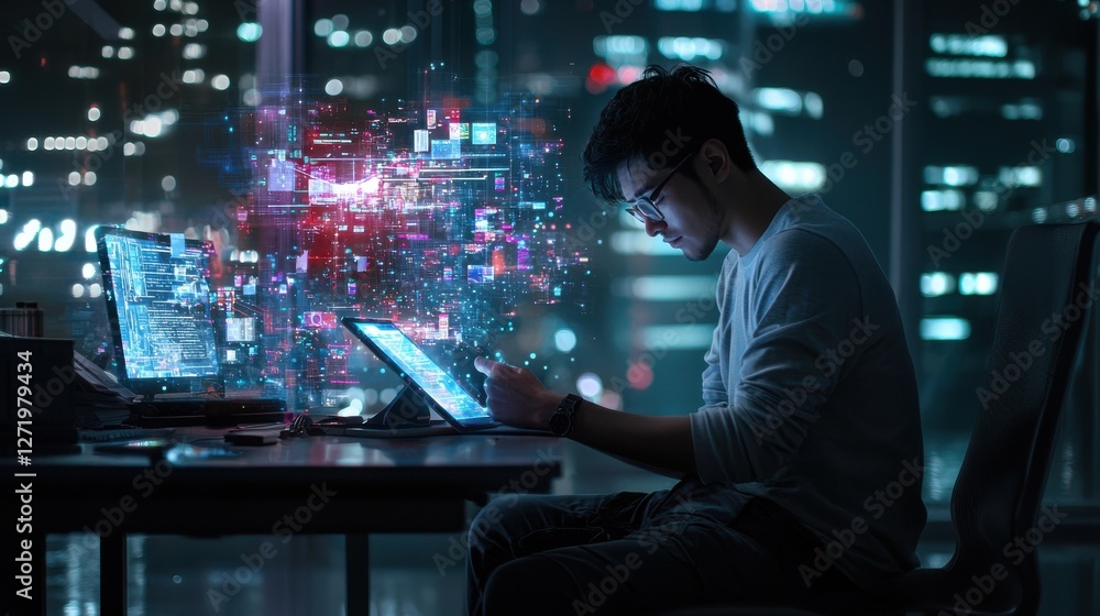 Aufkleber a man is sitting at a desk with a tablet in front of him