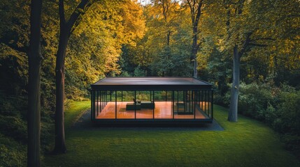 Obraz premium Modern glass house harmonizing with its natural surroundings, nestled within a vibrant autumn forest, offering a peaceful and secluded retreat amidst colorful foliage and serene landscapes