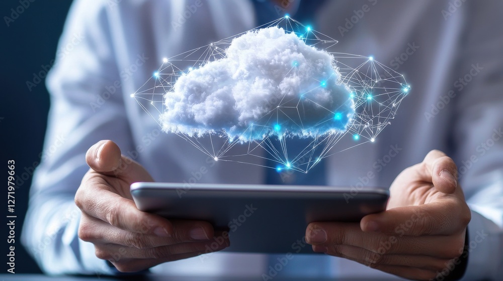 Poster a man is holding a tablet with a cloud on it