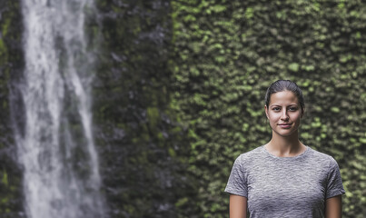 Confident Woman in Front of Lush Green Waterfall