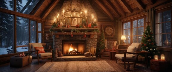 Fototapeta premium Cozy cabin with Christmas decorations and fire, warm and welcoming, festive atmosphere