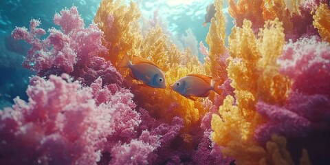 Fototapeta premium Colorful coral reef with vibrant fish swimming among pink and orange formations in a tropical ocean environment