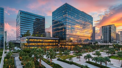 Obraz premium Sunset cityscape view of modern architecture in a vibrant business district