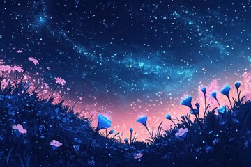 Flowers bloom brightly under a beautiful starlit night sky