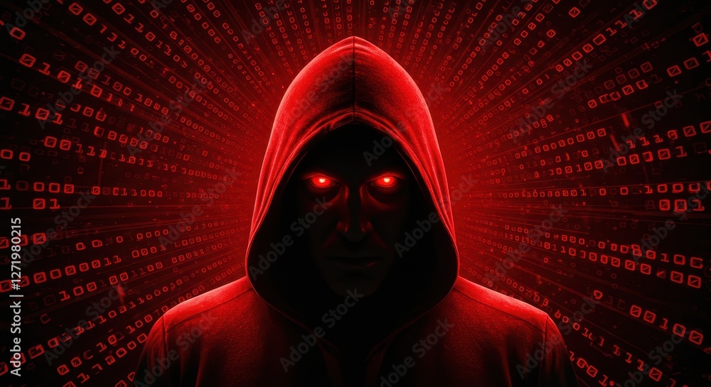 Poster a shadowy figure in a red hood surrounded by glowing red binary code