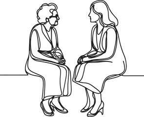 Vintage Line Drawing of Two Old Women Sharing a Moment – Vector Art