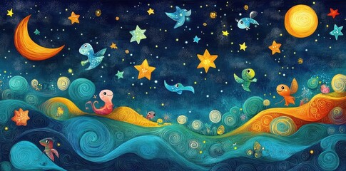 Childrens whimsical illustration of sea creatures under a starry night