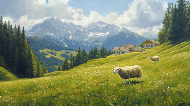 Oil painting of two sheep on a green alpine meadow with a farmhouse in the background.