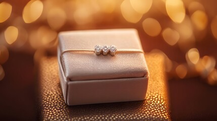 Small jewelry gift box with velvet interior and elegant pearl bracelet on golden bokeh background.