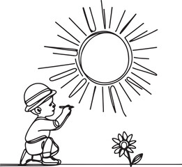Cute Line Drawing of a Child Sketching Sun on Wall – Vector Illustration