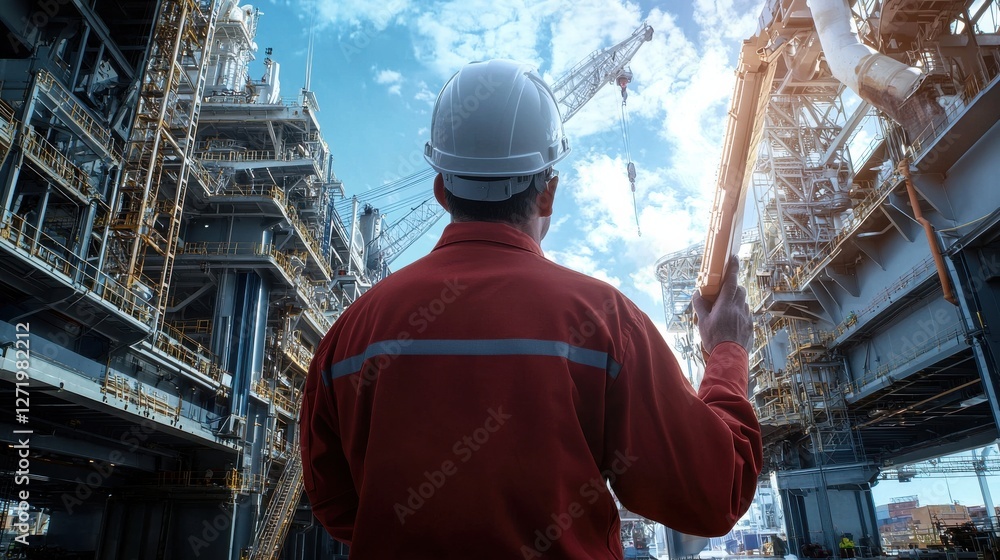Poster a man in a red jacket is standing in front of a large industrial building