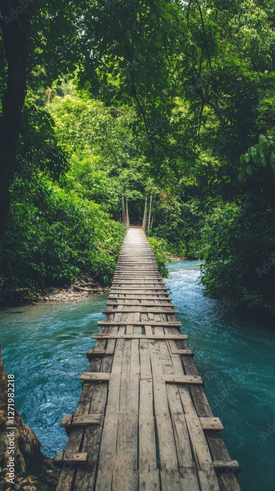 Poster wooden hanging bridge crossing a turquoise river surrounded by lush tropical vegetation, creating a 