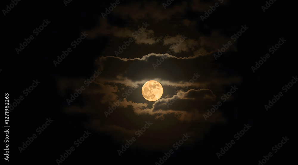 Poster a full moon shines brightly through wispy clouds in a dark sky, creating a serene and enchanting nig