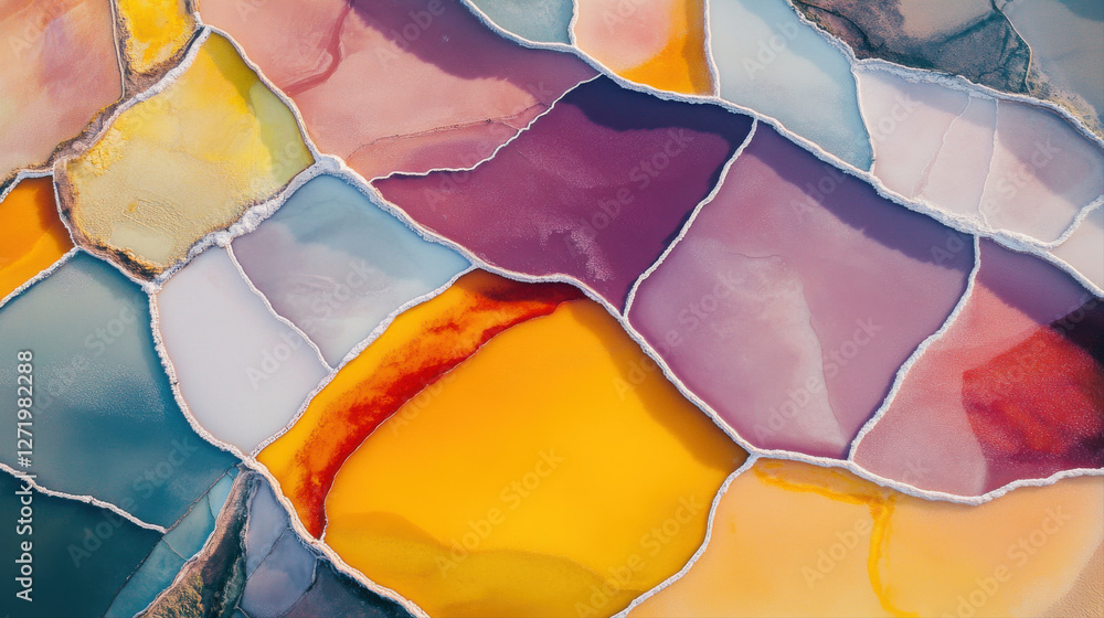 Fototapete aerial view of colorful salt fields showcasing vibrant patterns and textures. unique colors create s