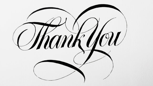 "Thank you" beautifully written in calligraphy with black ink, shaped like a heart. The elegant, heartfelt lettering conveys deep appreciation and love, creating a symbol of gratitude and affection.
