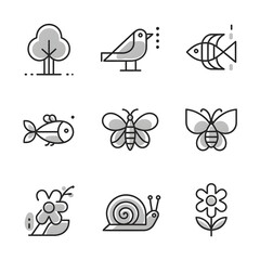 Obraz premium Eco-Friendly Minimalist Vector Set: Botanical Wildlife and Nature-Themed Illustrations with Birds, Bees, Fish & Flowers