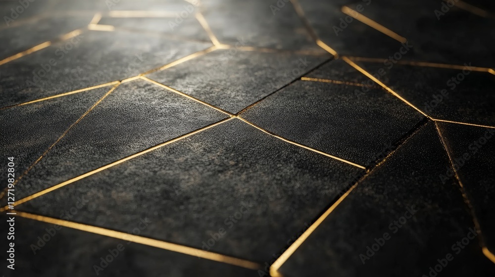 Poster textured black tiles with golden lines create a geometric pattern