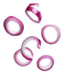 Fresh onion slices falling on transparent background