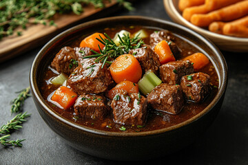 Meat stew with vegetables, beef Burgundy, meat goulash with vegetables.