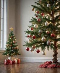 Decorative Christmas tree with ornaments hanging from branches, snowflakes, festive atmosphere