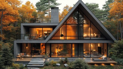 Autumn forest modern A-frame house