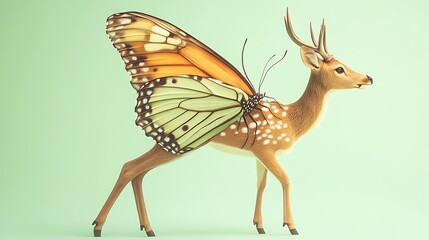 Fototapeta premium An enchanting deer-butterfly hybrid with delicate wings and graceful pose on a pale mint green solid background,