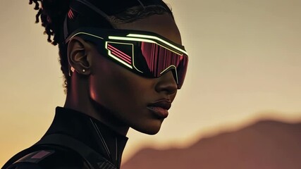 Young African woman in futuristic eyewear against sunset backdrop embracing modern technology and fashion